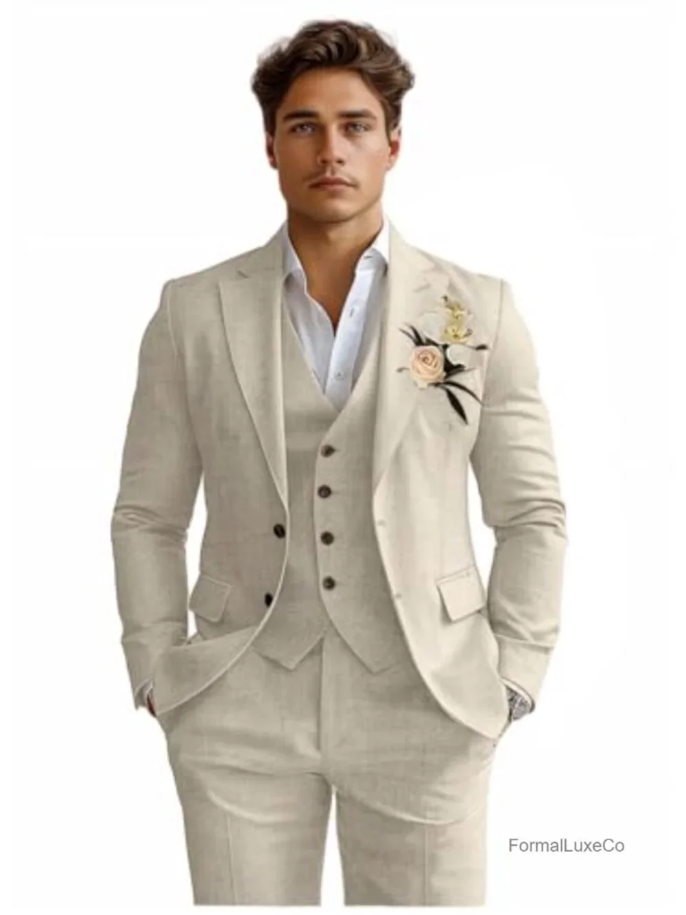 3 Piece Linen Suit for Men Slim Fit Tuxedo Blazer Vest Pants Set Wedding Prom